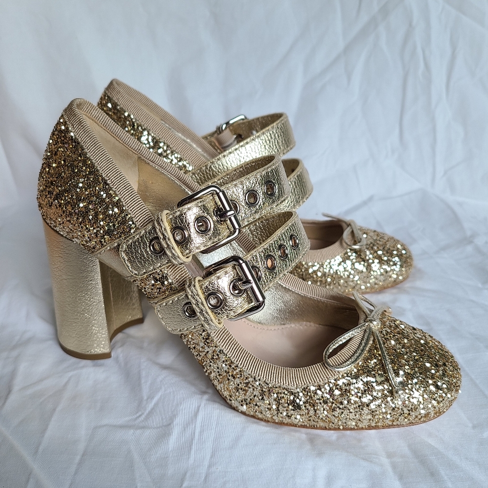RARE MiuMiu Gold Glitter Buckle Strap Ballet Pumps